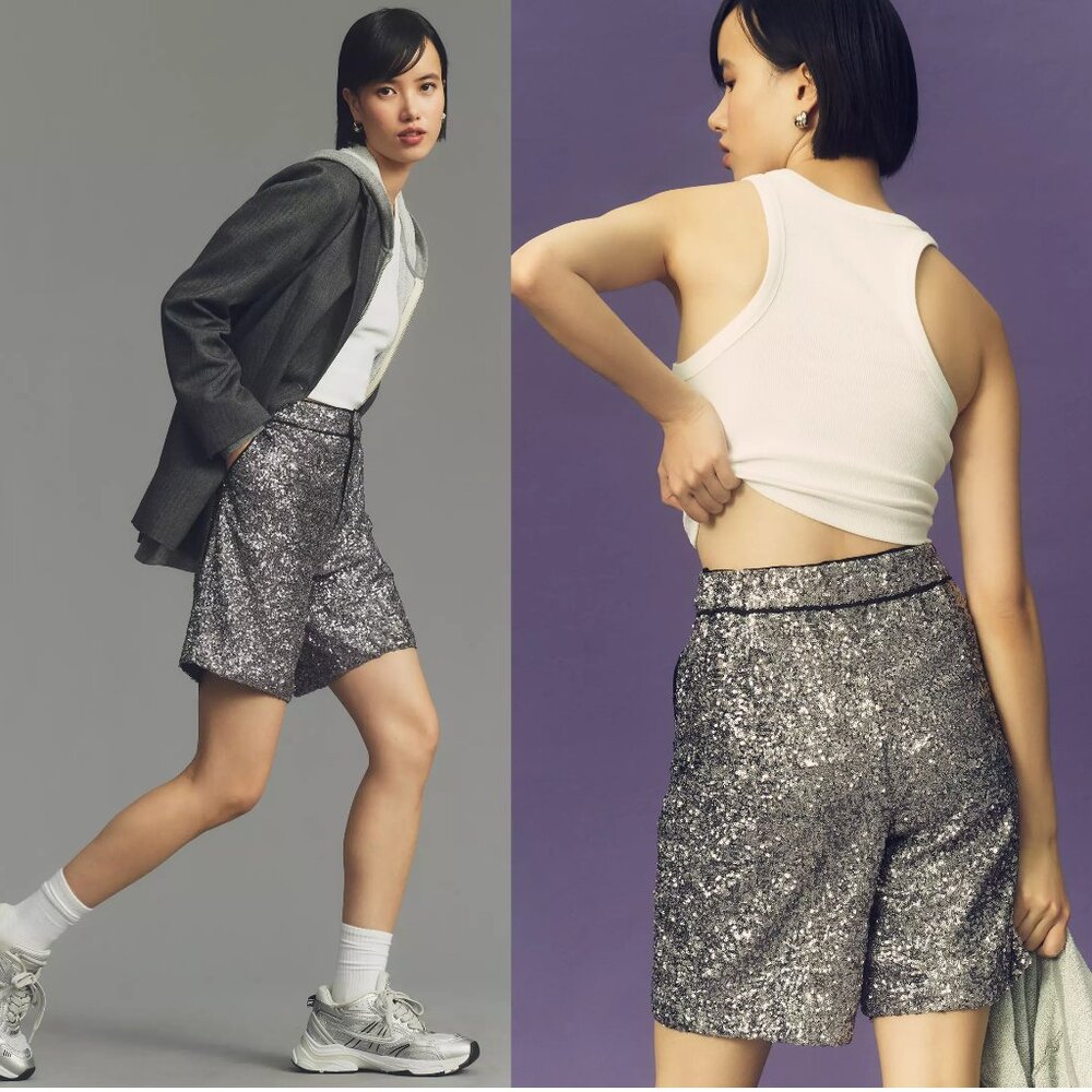 Anthropologie Silver Sequin High-Waist Women's Shorts